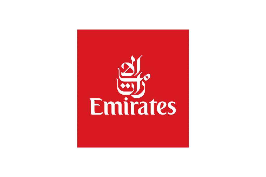 Emirates logo with the airline's name in white text on an elegant red background, accompanied by a stylized Arabic calligraphy design above.