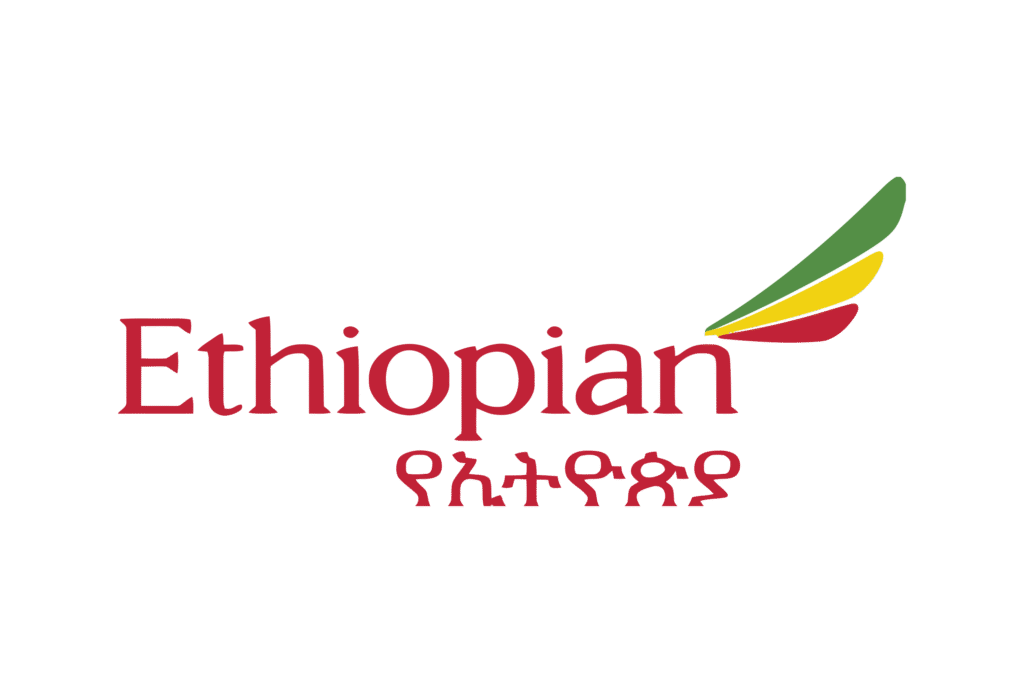 Ethiopian Airlines logo with the airline’s name in red text and a stylized green, yellow, and red wing above it.